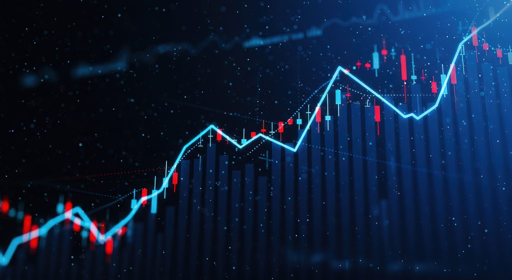A dynamic visualization of financial market data. Candlestick charts illustrate stock price fluctuations, showcasing upward trends and potential investment growth opportunities. Image used to represent how time in the market beats timing the market.