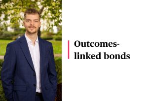 The left side shows Tribe's impact manager, Archie Cage's headshot. The left shows text that reads: "Outcomes-linked bonds" the title of the video which features Archie as speaker