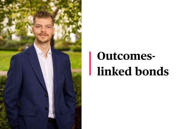 The left side shows Tribe's impact manager, Archie Cage's headshot. The left shows text that reads: "Outcomes-linked bonds" the title of the video which features Archie as speaker