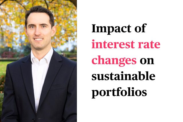 headshot for jamie innes is displayed on the left side of the image, with the text for the title of the video he features in on the right side. the text reads: impact of interest rate changes on sustainable portfolios