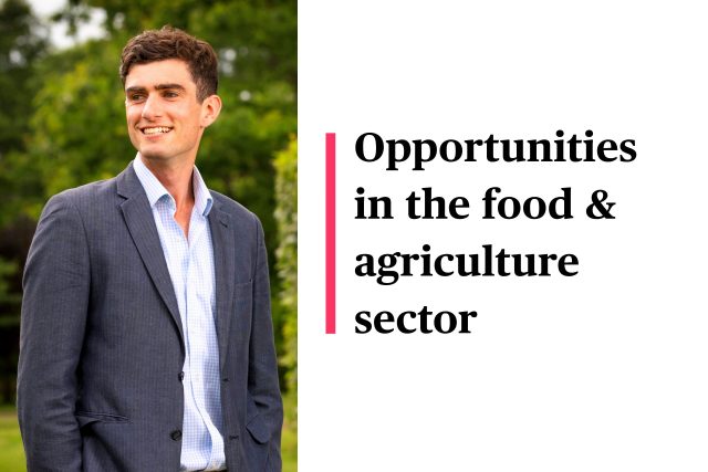 feature image for a post that links to a video of rob hurford discussing opportunities in the food and agriculture sector. image has rob's headshot on the left side and the title of the video on the right in text.